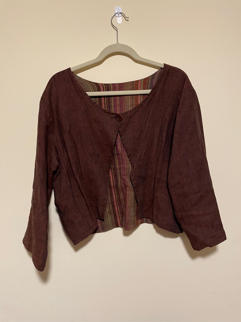 Flax Burgundy Button-Front Lightweight Linen Top with Striped Lining